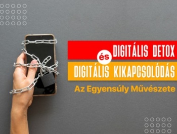 Láncokkal és lakattal körülvett okostelefont tartó kéz, amely a digitális méregtelenítést és a technológiától való elszakadást szimbolizálja.